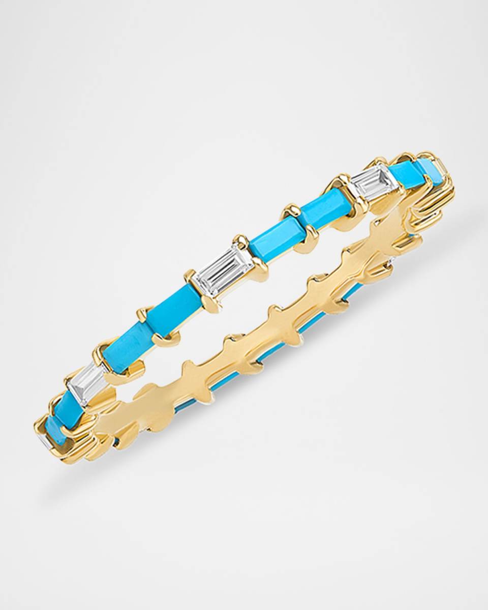 14K Turquoise and Diamond Baguette Stackable Ring, Size